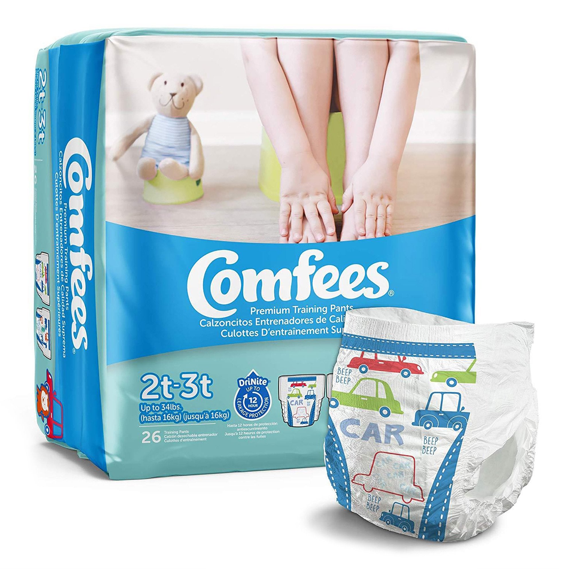 Comfees Training Pants, 12-Hour Protection, Male Toddler-Male Toddler Training Pants Comfees Pull On with Tear Away Seams Size 2T to 3T Disposable Moderate Absorbency