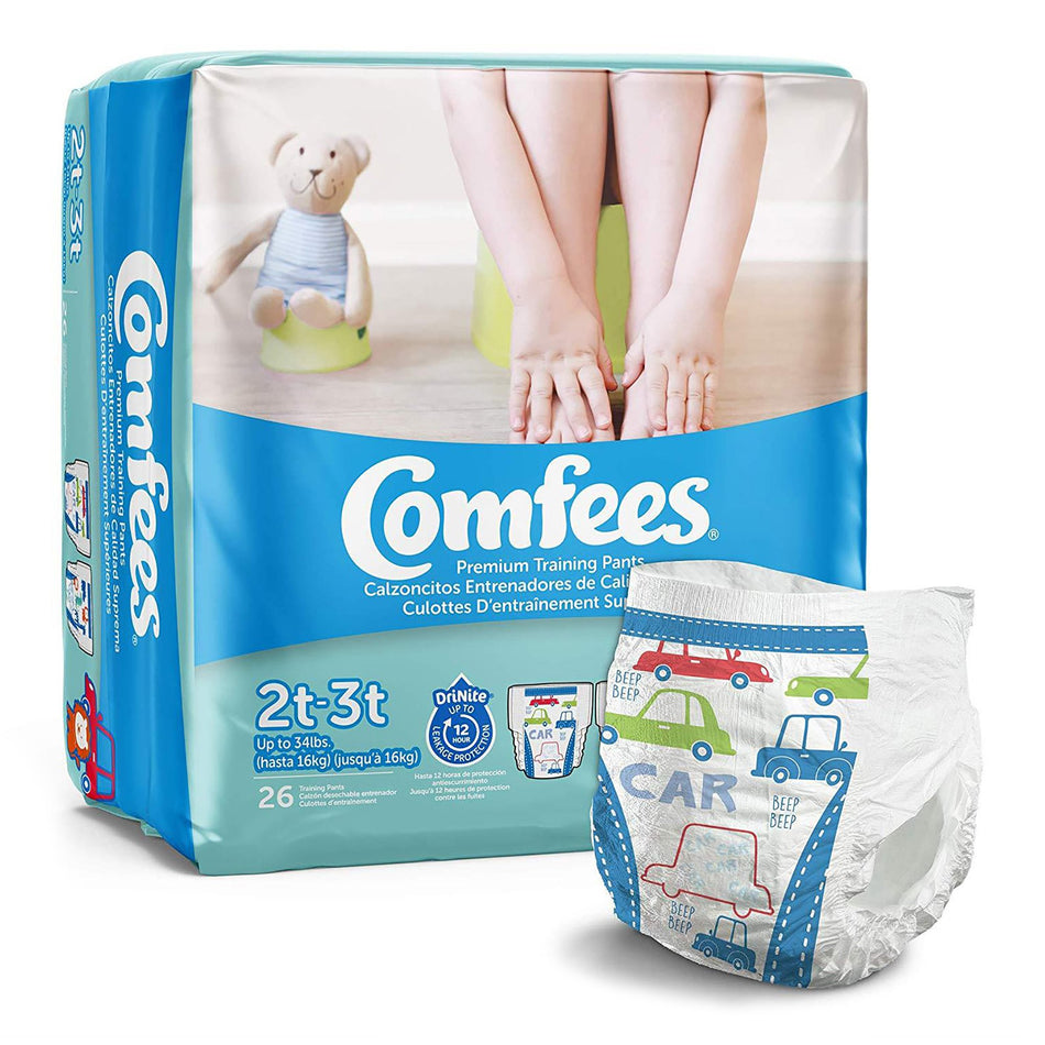 Comfees Training Pants, 12-Hour Protection, Male Toddler-Male Toddler Training Pants Comfees Pull On with Tear Away Seams Size 2T to 3T Disposable Moderate Absorbency