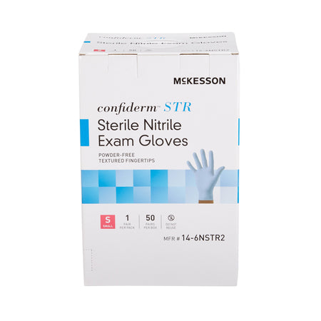McKesson Confiderm STR Nitrile Exam Glove, Small, Blue-Exam Glove McKesson Confiderm STR Small Sterile Pair Nitrile Standard Cuff Length Textured Fingertips Blue Not Rated