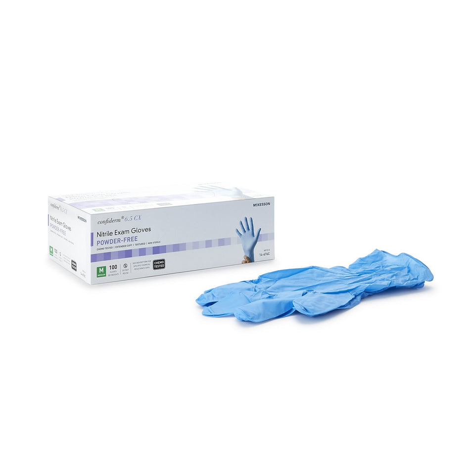McKesson Confiderm 6.5CX Nitrile Extended Cuff Length Exam Glove, Medium, Blue-Exam Glove McKesson Confiderm 6.5CX Medium NonSterile Nitrile Extended Cuff Length Textured Fingertips Blue Chemo Tested