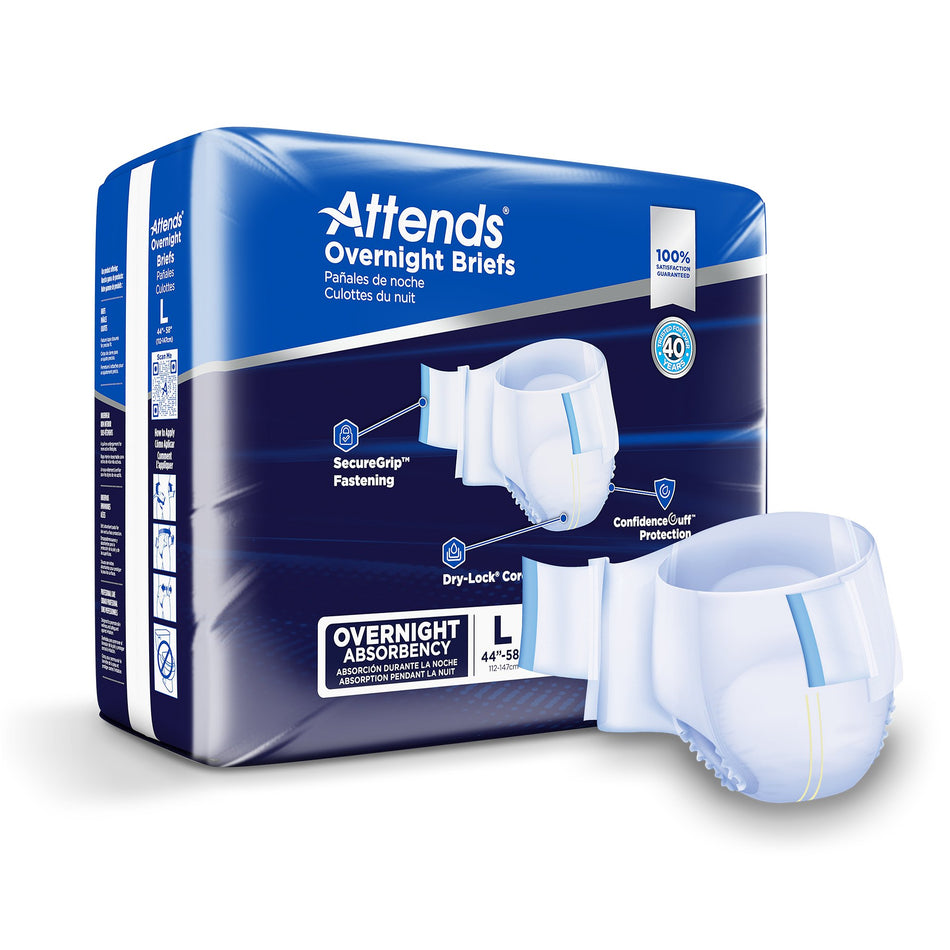 Attends Briefs with Overnight Protection, Large-Unisex Adult Incontinence Brief Attends Overnight Large Disposable Heavy Absorbency