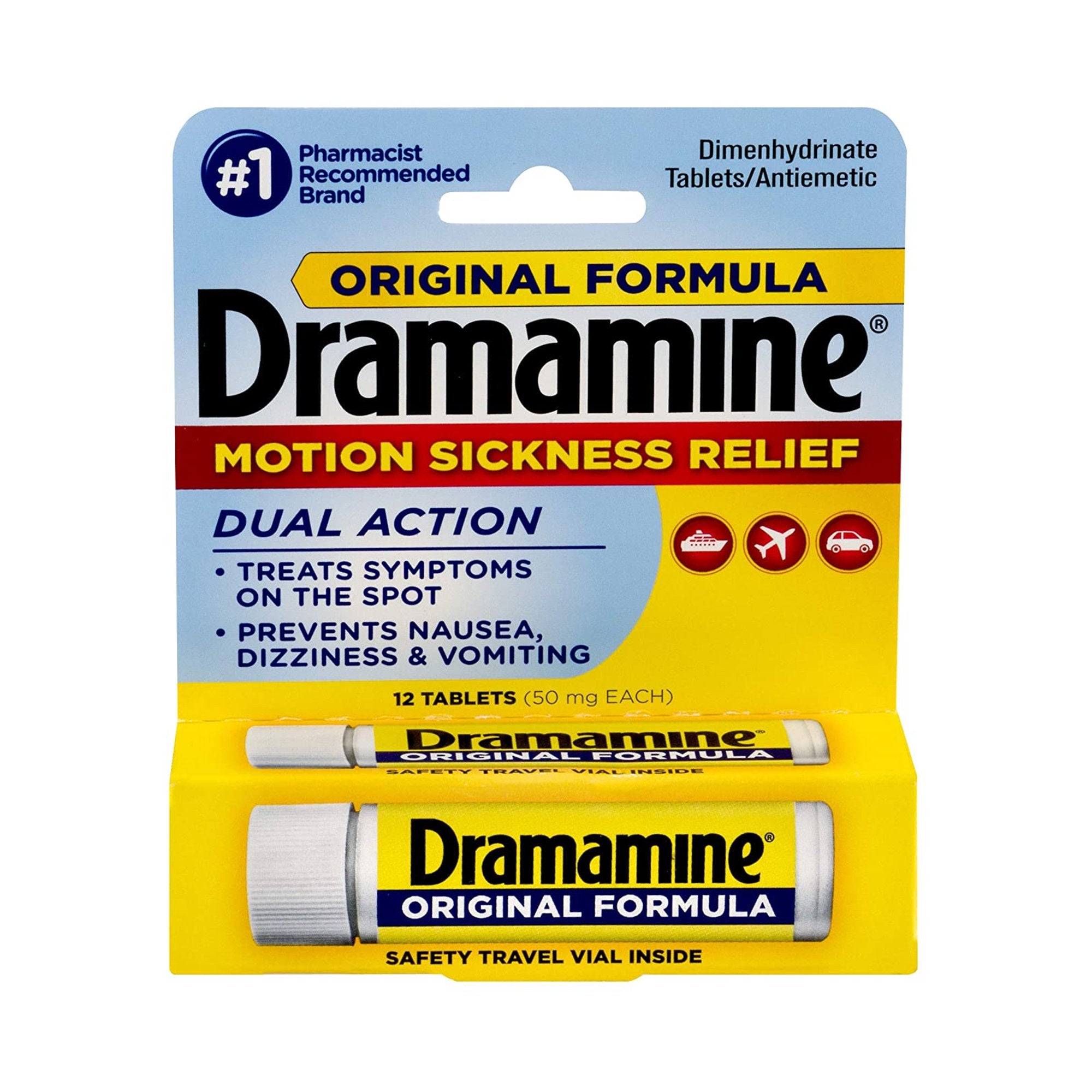 Dramamine Dimenhydrinate Nausea Relief-Nausea Relief Dramamine 50 mg Strength Tablet 12 per Bottle