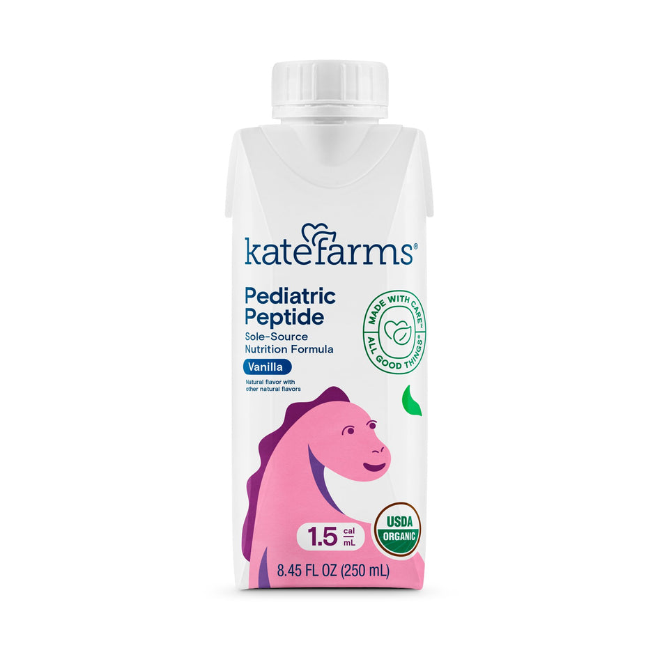 Kate Farms� Pediatric Peptide 1.5 Sole-Source Nutrition Formula, Vanilla Flavor, 8.5-ounce carton-Pediatric Oral Supplement Kate Farms Pediatric Peptide 1.5 Vanilla Flavor 8.45 oz. Carton Liquid Organic Hydrolyzed Pea Protein