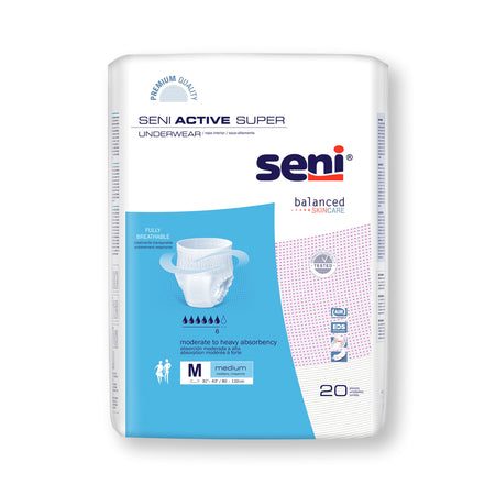 Seni Active Super Moderate to Heavy Absorbent Underwear, Medium-Unisex Adult Absorbent Underwear Seni Active Super Pull On with Tear Away Seams Medium Disposable Moderate Absorbency