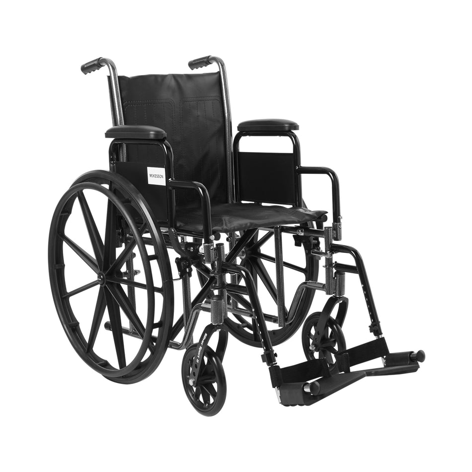 McKesson Wheelchair, 16 Inch Seat Width-Wheelchair McKesson Dual Axle Desk Length Arm Swing-Away Footrest Black Upholstery 16 Inch Seat Width Adult 250 lbs. Weight Capacity