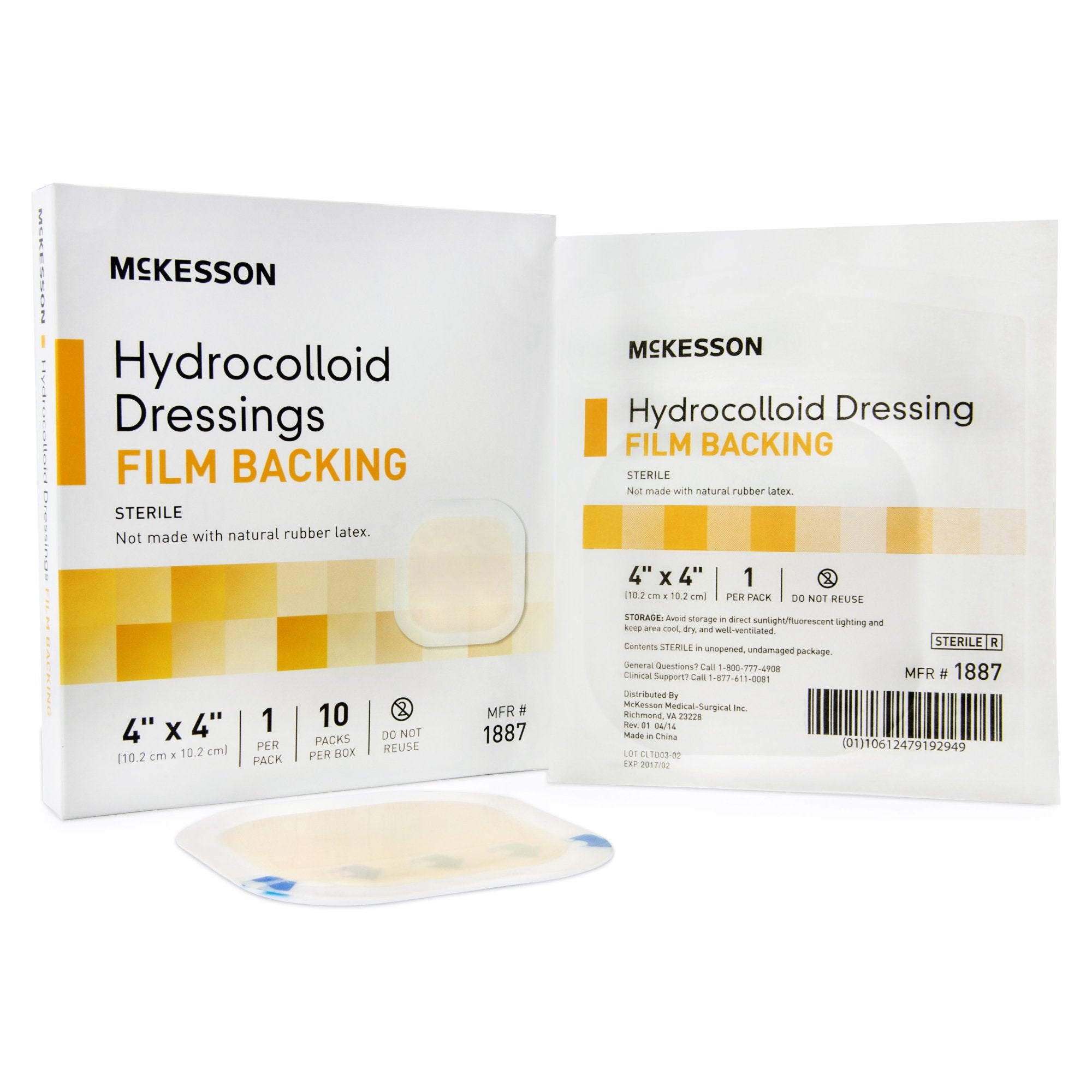 McKesson Hydrocolloid Dressing, 4 x 4 Inch-Hydrocolloid Dressing McKesson Waterproof Film Backing 4 X 4 Inch Square Hydrocolloid / Film
