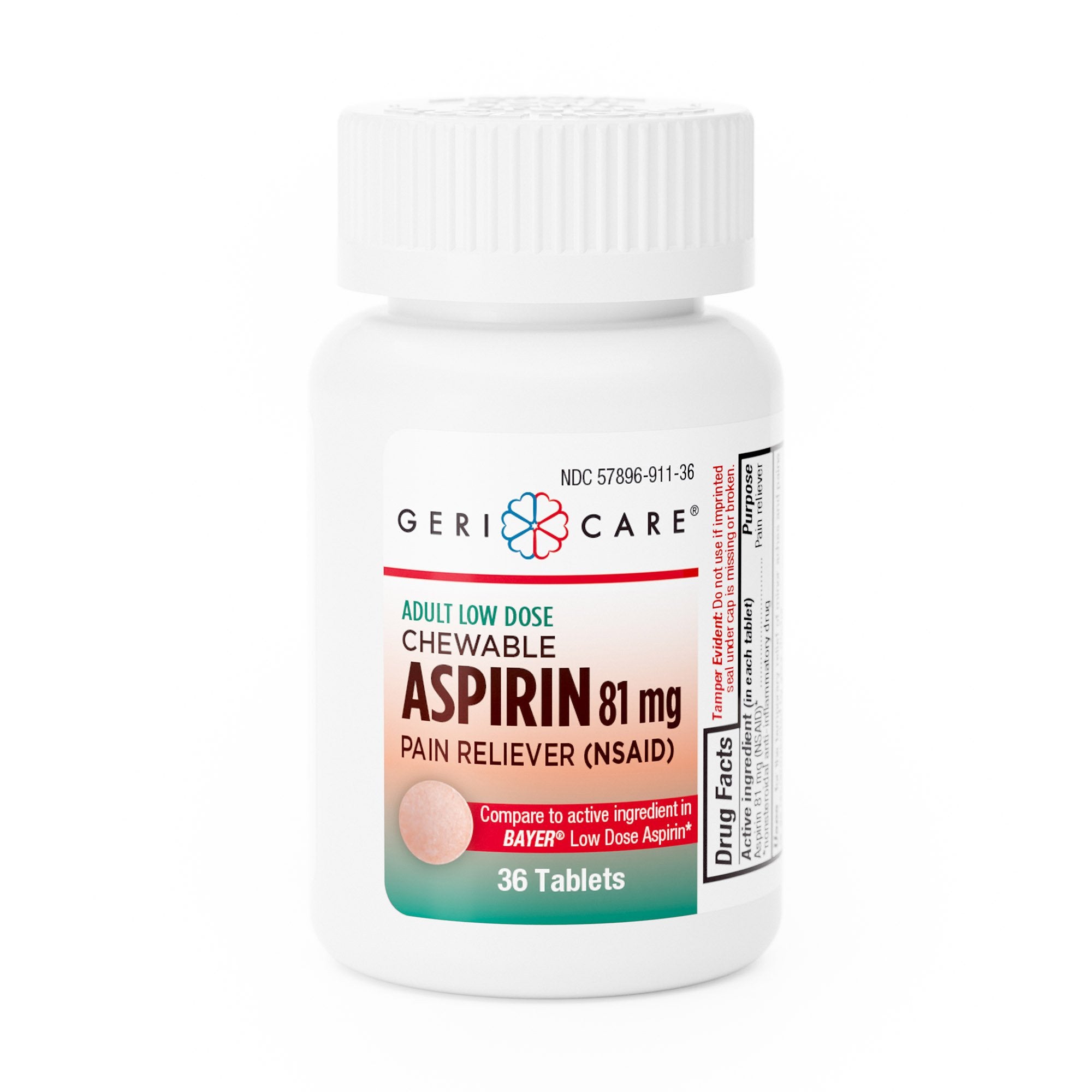 Geri-Care Low Strength Aspirin Pain Relief-Pain Relief Geri-Care 81 mg Strength Aspirin Chewable Tablet 36 per Bottle