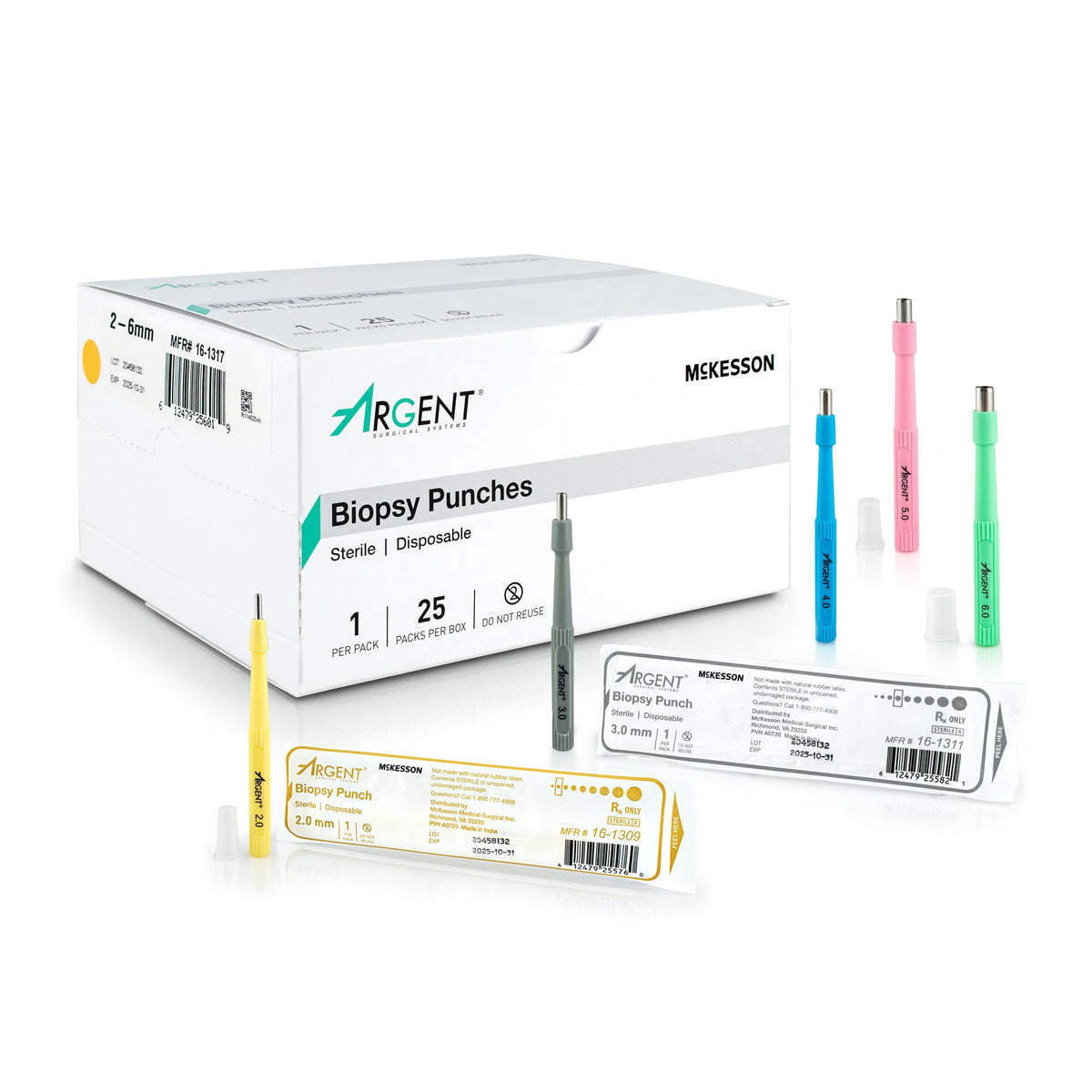 McKesson Argent Disposable Biopsy Punches, 2.0 - 6.0 mm-"Biopsy Punch McKesson Argent Dermal Five 2 mm, Five 3 mm, Five 4 mm, Five 5 mm, and Five 6 mm"