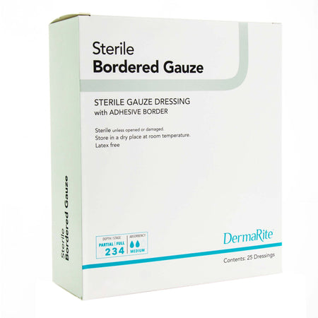 DermaRite Sterile Gauze Adhesive Dressing, 4 x 5 Inch-Island Dressing DermaRite Bordered Gauze 4 X 5 Inch Rectangle Sterile