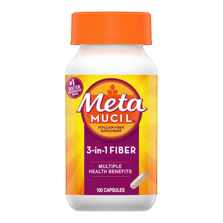 Metamucil 3 in 1 Fiber Capsules-Fiber Supplement Metamucil 3-in-1 Fiber Capsule 100 per Bottle 0.4 Gram Strength Potassium / Psyllium Husk