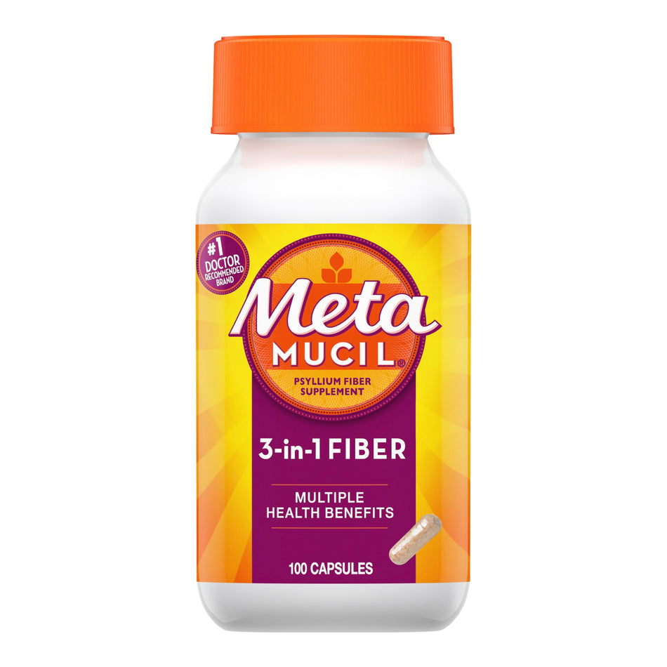 Metamucil 3 in 1 Fiber Capsules-Fiber Supplement Metamucil 3-in-1 Fiber Capsule 100 per Bottle 0.4 Gram Strength Potassium / Psyllium Husk