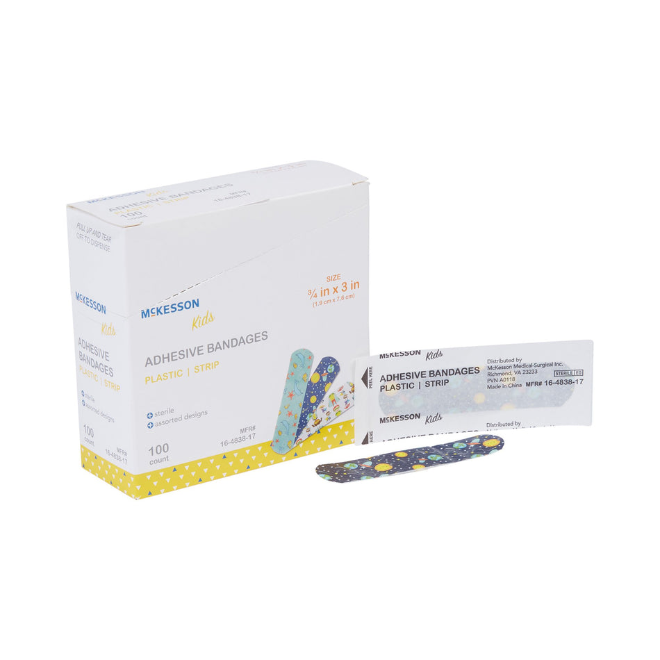 McKesson Kids� Kid Design (Assorted Prints) Adhesive Strip, 3/4 x 3 Inch-Adhesive Strip McKesson Kids� 3/4 X 3 Inch Plastic Rectangle Kid Design (Assorted Prints) Sterile