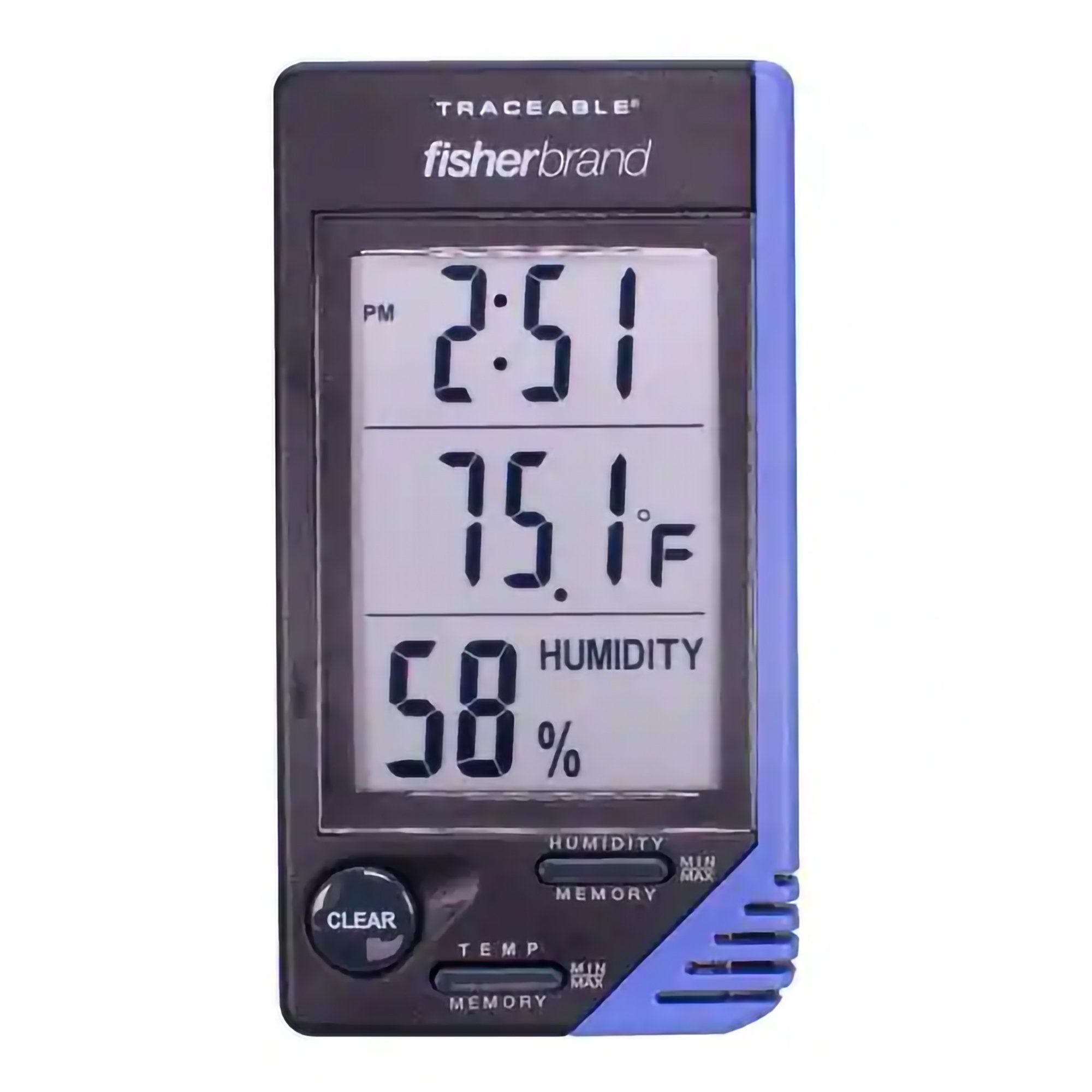 Fisherbrand Traceable Digital Thermometer / Hygrometer, 32 to 122 F-Thermometer / Clock / Humidity Monitor Fisherbrand Traceable Fahrenheit / Celsius 32 to 122F (0 to 50C) Internal Sensor Flip-out Stand / Wall Mount Battery Operated