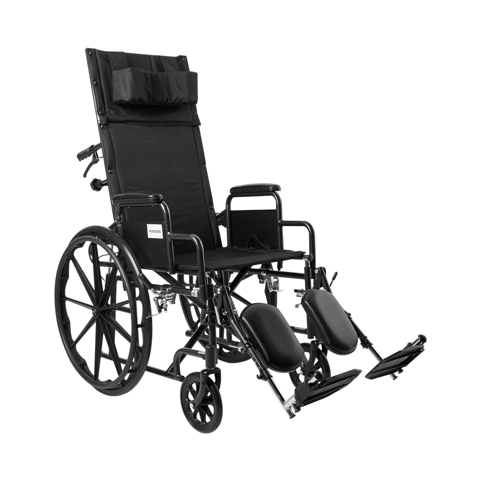 McKesson Reclining Wheelchair, 18-Inch Seat Width-Reclining Wheelchair McKesson Desk Length Arm Swing-Away Elevating Legrest Black Upholstery 18 Inch Seat Width Adult 300 lbs. Weight Capacity