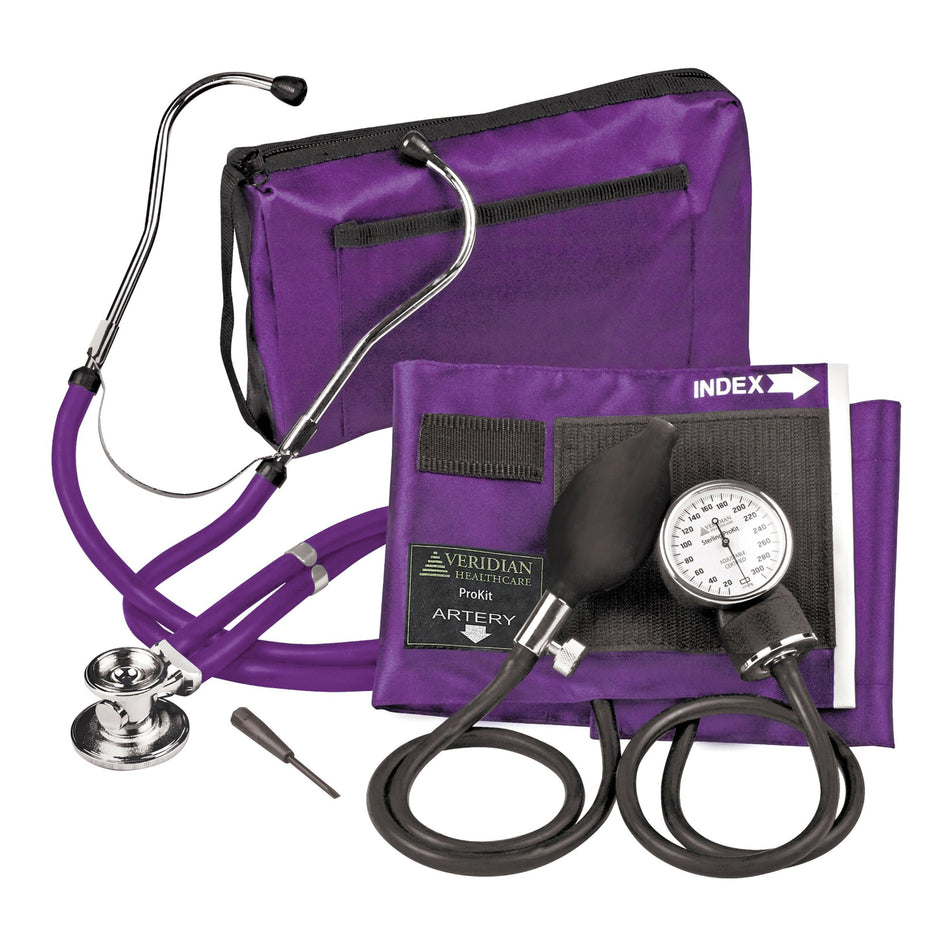 Sterling Series ProKit Aneroid Sphygmomanometer with Stethoscope, Purple-Reusable Aneroid / Stethoscope Set Veridian 27.9 to 41.6 cm Adult Cuff Dual Head General Exam Stethoscope