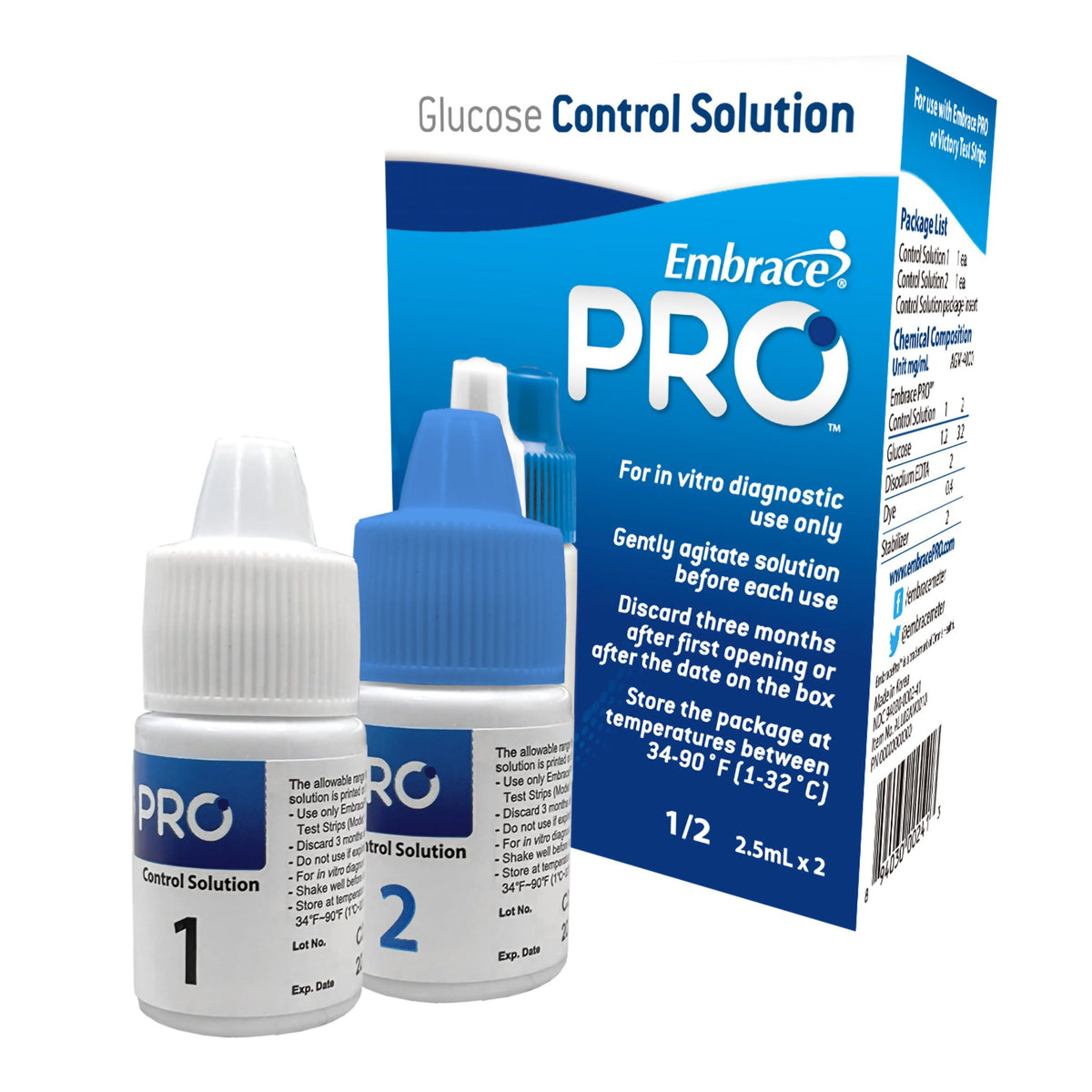 Embrace Pro Control Solution-Blood Glucose Control Solution Embrace Pro 2 X 4 mL Level 1 & 2