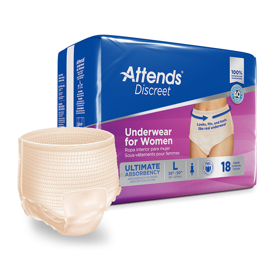 Attends Discreet Women's Underwear, Level 5, Large-Female Adult Absorbent Underwear Attends Discreet Pull On with Tear Away Seams Large Disposable Heavy Absorbency