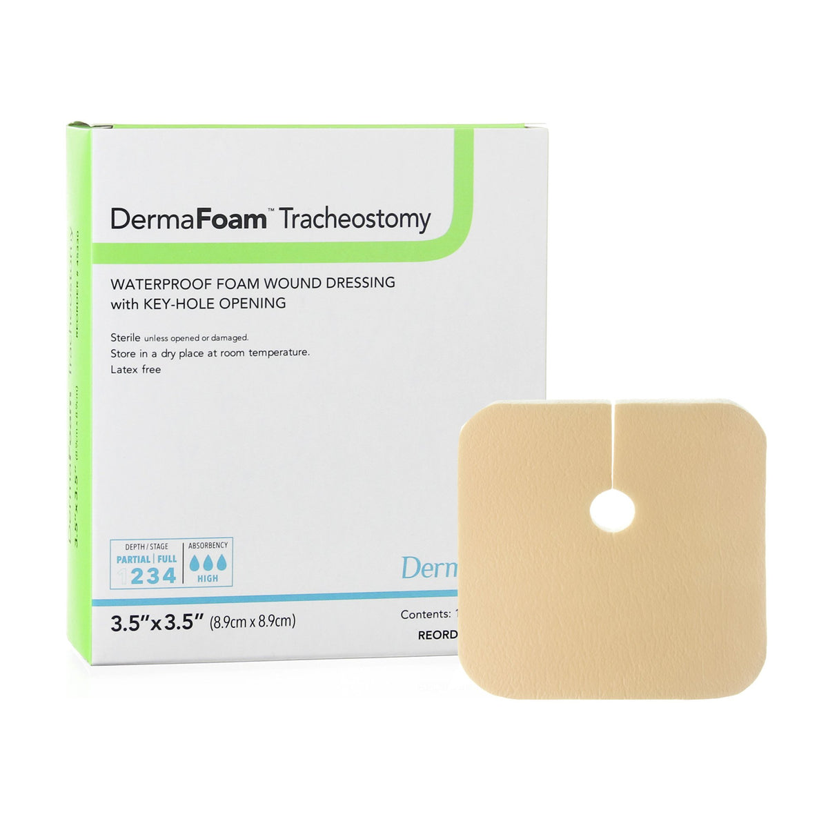 DermaFoam Tracheostomy Nonadhesive without Border Foam Dressing, 3 x 3 Inch-Foam Dressing DermaFoam Tracheostomy 3-1/2 X 3-1/2 Inch Without Border Waterproof Backing Nonadhesive Fenestrated Square Sterile