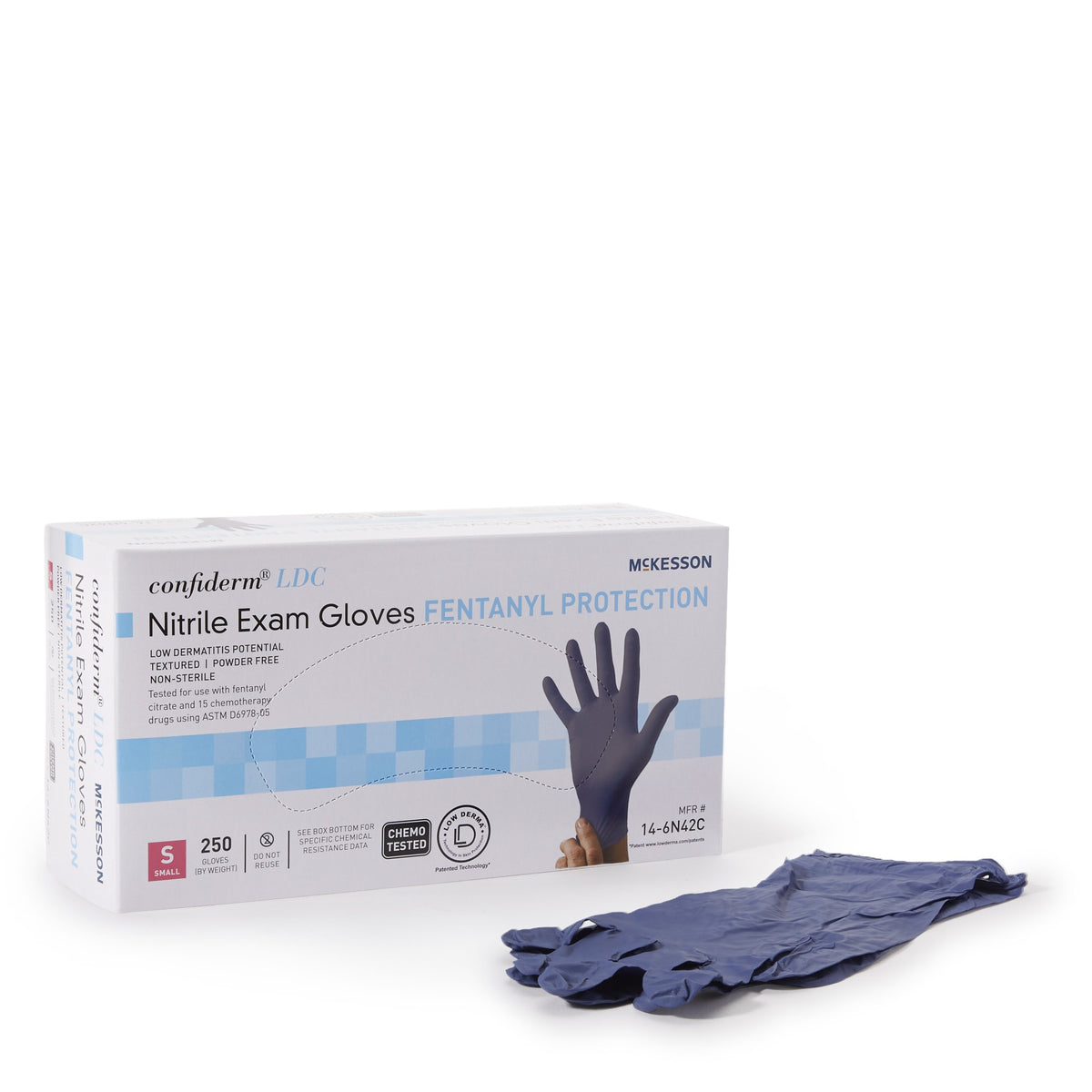 McKesson Confiderm LDC Nitrile Exam Glove, Small, Blue-Exam Glove McKesson Confiderm LDC Small NonSterile Nitrile Standard Cuff Length Fully Textured Blue Chemo Tested / Fentanyl Tested