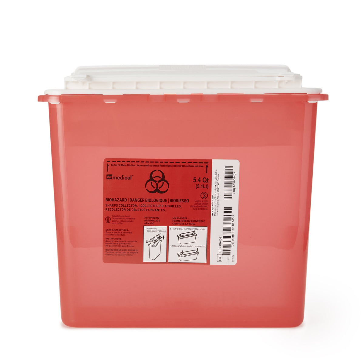AP Line Biohazard Waste Container, 5.4 Quart, 12 x 4 x 10-4/5 Inch-Sharps Container AP Line Red Base 12 L X 4-1/2 W X 10-4/5 H Inch Horizontal Entry 1.35 Gallon