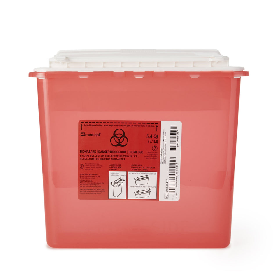 AP Line Biohazard Waste Container, 5.4 Quart, 12 x 4 x 10-4/5 Inch-Sharps Container AP Line Red Base 12 L X 4-1/2 W X 10-4/5 H Inch Horizontal Entry 1.35 Gallon