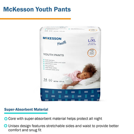 McKesson Youth Pants, Large/X-Large-Unisex Youth Absorbent Underwear McKesson Pull On with Tear Away Seams Large / X-Large Disposable Heavy Absorbency