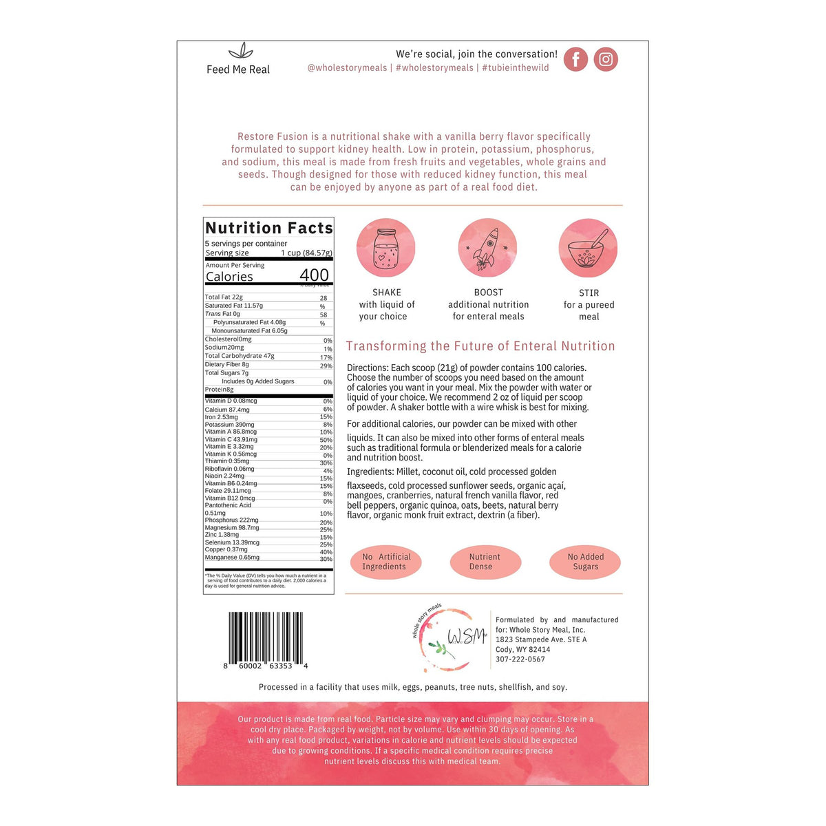 Oral Supplement Restore Fusion Renal Support Vanilla Berry Flavor Powder 16 oz. Pouch