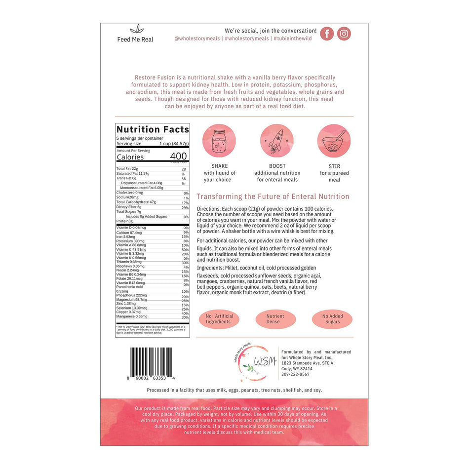 Oral Supplement Restore Fusion Renal Support Vanilla Berry Flavor Powder 16 oz. Pouch