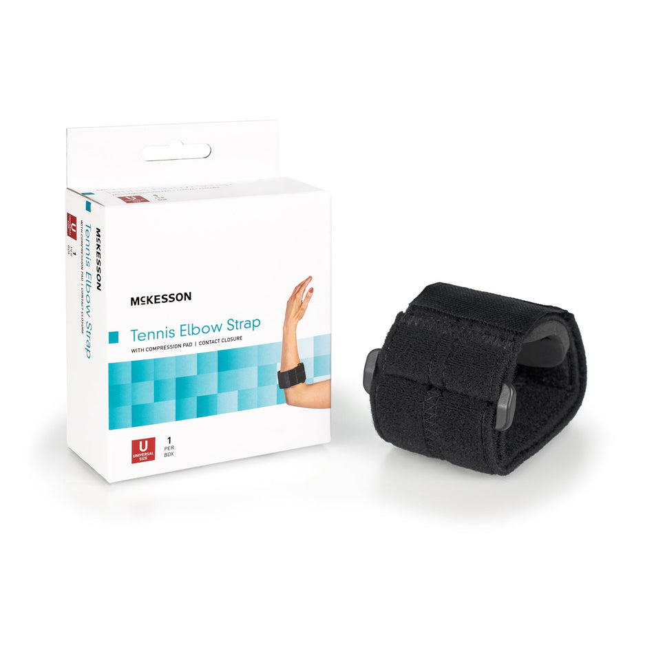 McKesson Elbow Support Strap, One Size Fits Most-Elbow Support Strap McKesson One Size Fits Most Hook and Loop with D Ring Tennis / Golf Left or Right Elbow Up to 18 Inch Circumference Black