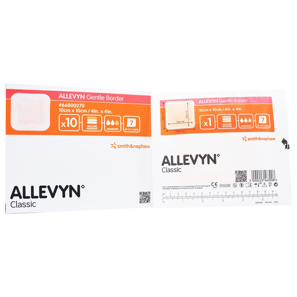 Allevyn Gentle Border Silicone Gel Adhesive with Border Silicone Foam Dressing, 4 x 4 Inch-Foam Dressing Allevyn Gentle Border 4 X 4 Inch With Border Film Backing Silicone Gel Adhesive Square Sterile