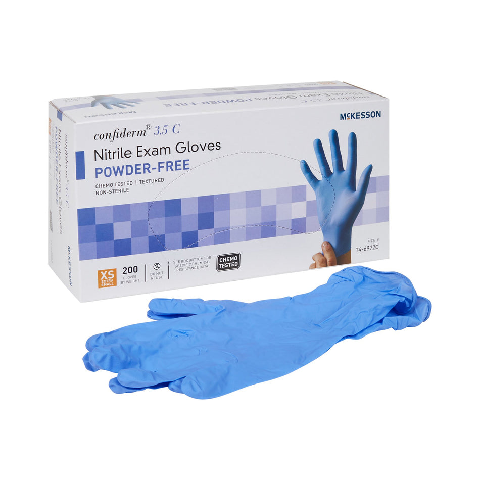 McKesson Confiderm 3.5C Nitrile Exam Glove, Extra Small, Blue-Exam Glove McKesson Confiderm 3.5C X-Small NonSterile Nitrile Standard Cuff Length Textured Fingertips Blue Chemo Tested