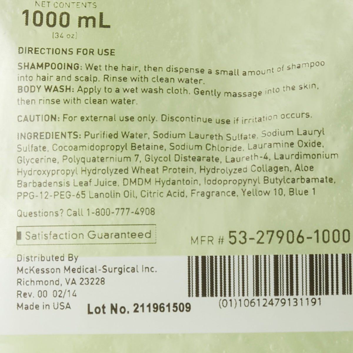 McKesson Shampoo and Body Wash Dispenser Refill Bag 1000 mL, Cucumber Melon-"Shampoo and Body Wash McKesson 1,000 mL Dispenser Refill Bag Cucumber Melon Scent"