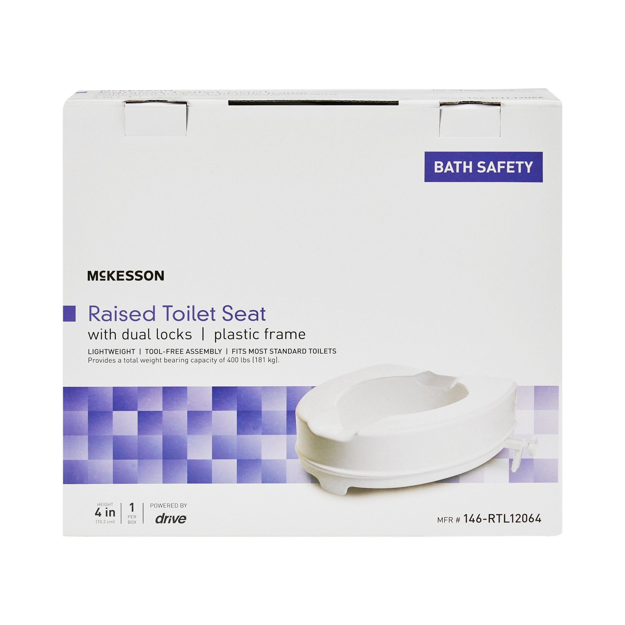 McKesson Raised Toilet Seat, 4-Inch Height-Raised Toilet Seat McKesson 4 Inch Height White 400 lbs. Weight Capacity