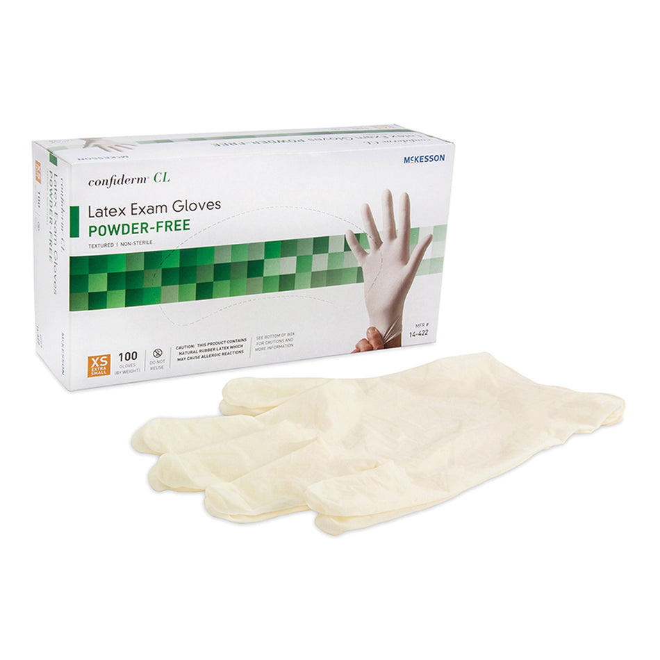 McKesson Confiderm CL Latex Gloves, Extra-Small, Ivory-Exam Glove McKesson Confiderm CL X-Small NonSterile Latex Standard Cuff Length Textured Fingertips Ivory Not Rated
