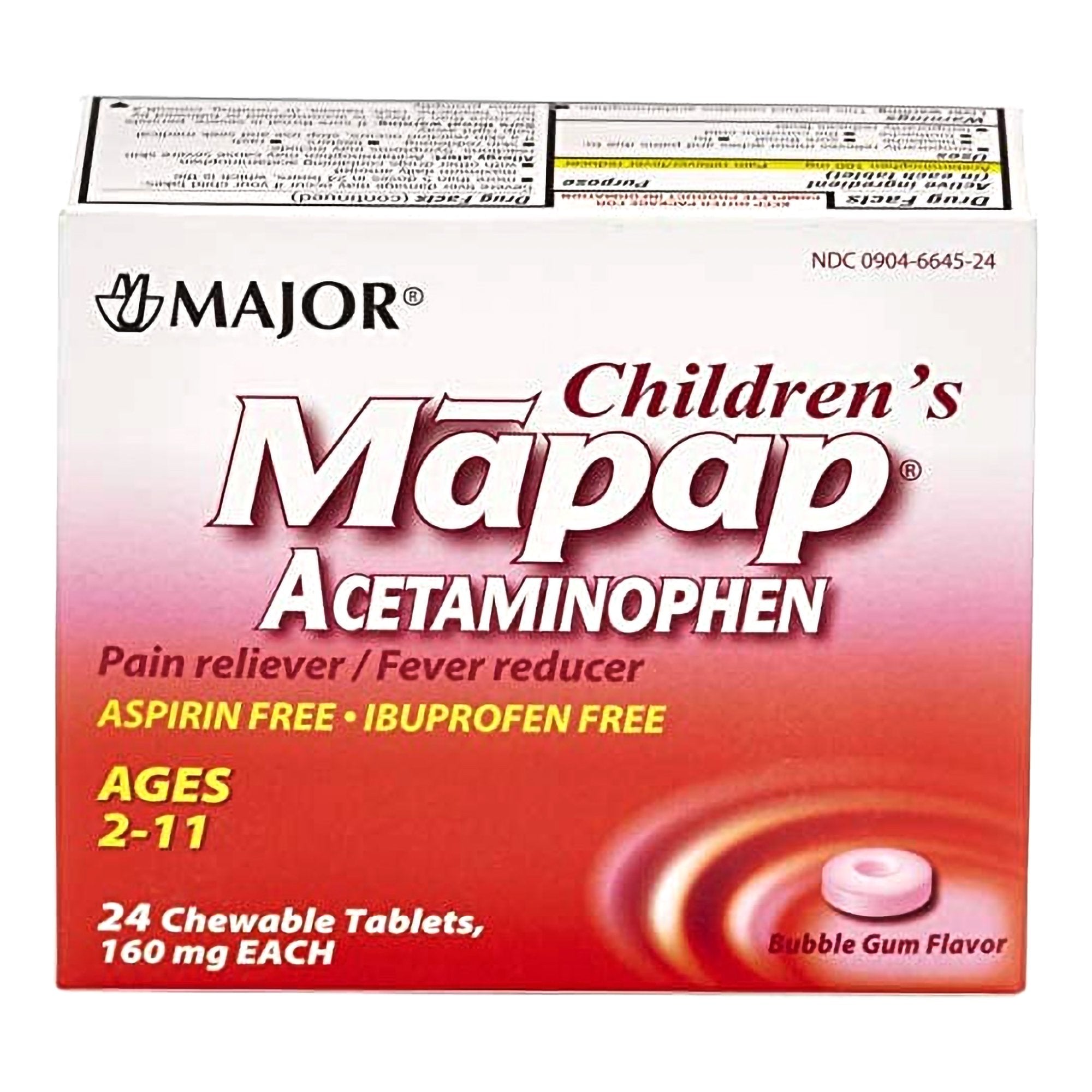 Mapap Acetaminophen Children's Pain Relief / Fever Reducer, Bubble Gum flavor-Children's Pain Relief / Fever Reducer Mapap 160 mg Strength Acetaminophen Chewable Tablet 24 per Box