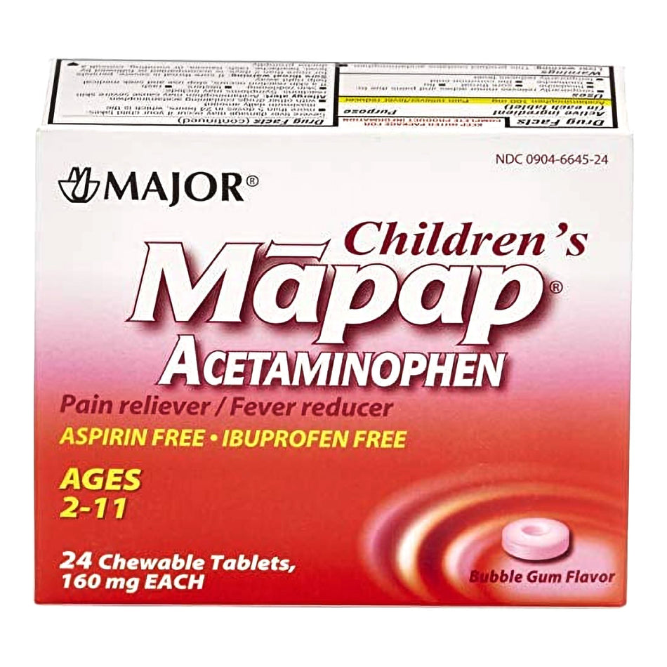 Mapap Acetaminophen Children's Pain Relief / Fever Reducer, Bubble Gum flavor-Children's Pain Relief / Fever Reducer Mapap 160 mg Strength Acetaminophen Chewable Tablet 24 per Box