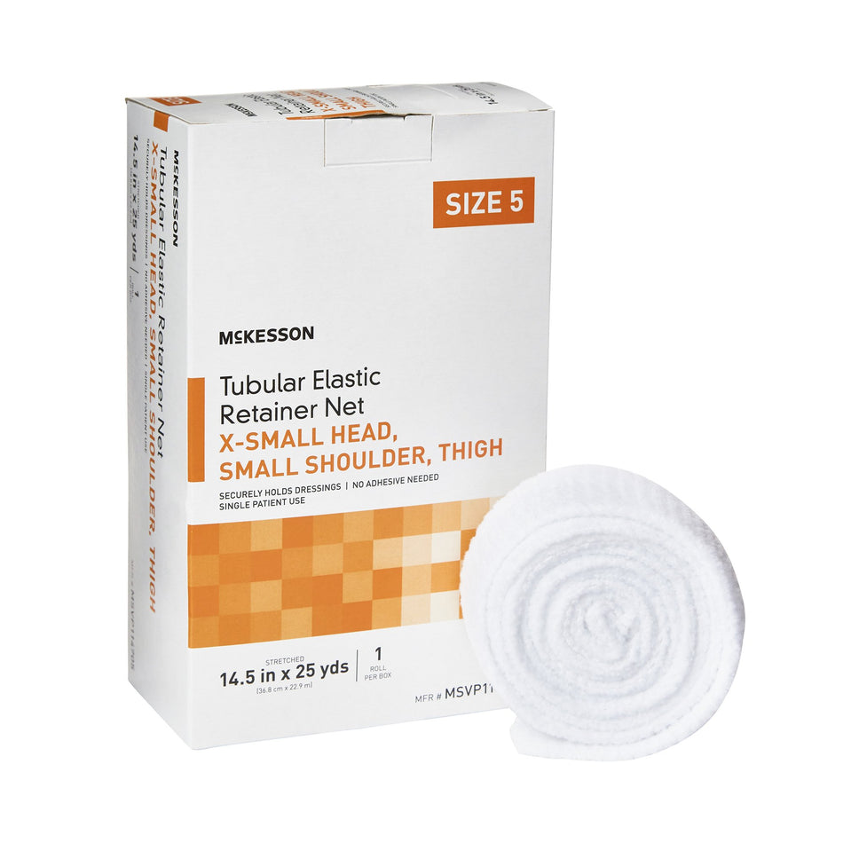McKesson Tubular Bandage, 14-1/2 Inch x 25 Yard, Size 5-Elastic Net Retainer Dressing McKesson Tubular Elastic 14-1/2 Inch X 25 Yard Size 5 White X-Small Head / Small Shoulder / Thigh NonSterile