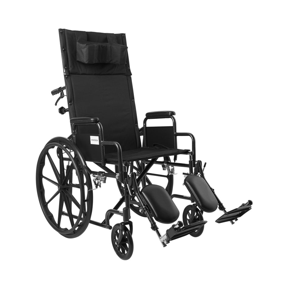 McKesson Reclining Wheelchair, 20-Inch Seat Width-Reclining Wheelchair McKesson Desk Length Arm Swing-Away Elevating Legrest Black Upholstery 20 Inch Seat Width Adult 350 lbs. Weight Capacity