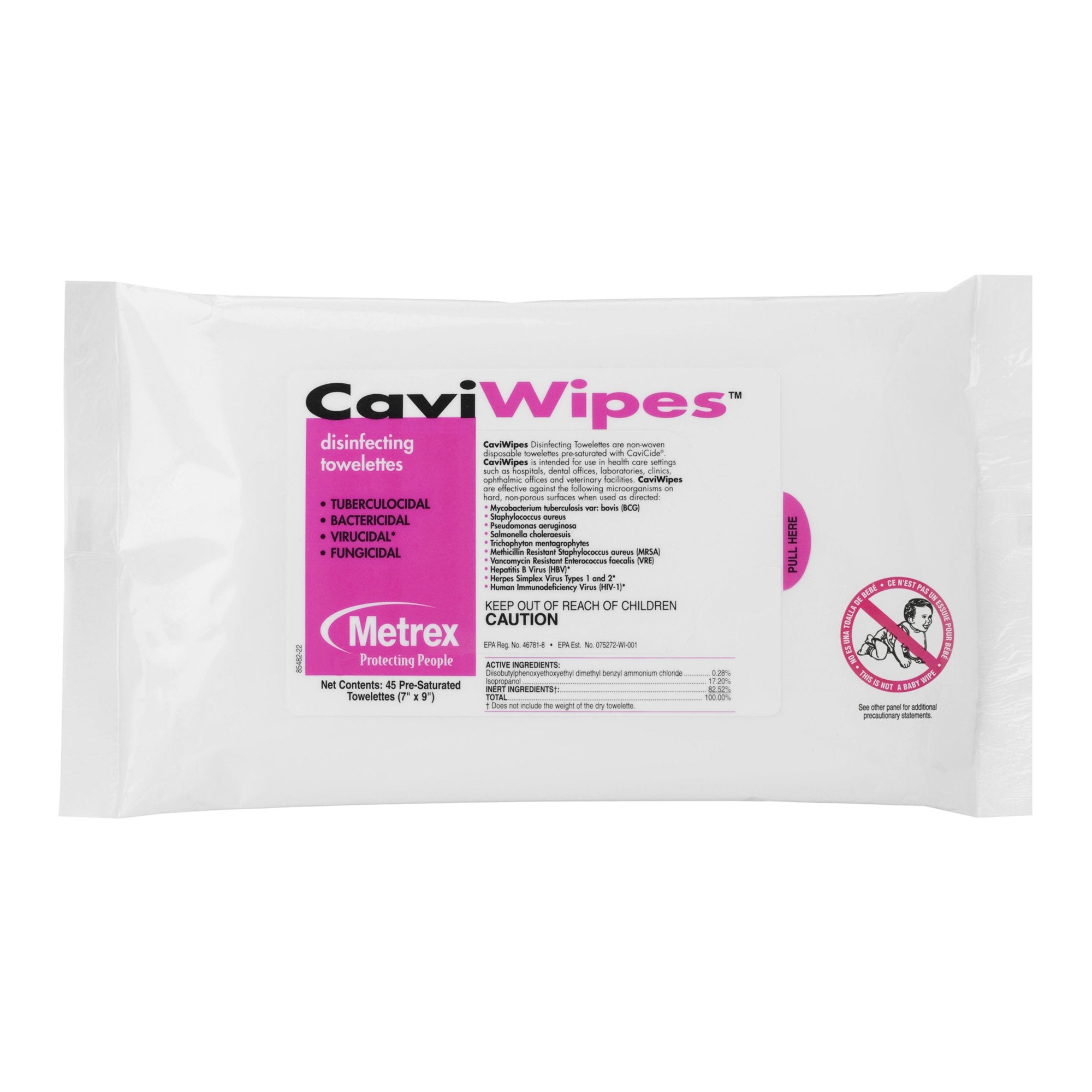 Metrex CaviWipes Surface Disinfectant Alcohol-Based Wipes, Non-Sterile, Disposable, Alcohol Scent, Soft Pack, 7 X 9 Inch-CaviWipes Surface Disinfectant Premoistened Alcohol Based Manual Pull Wipe 45 Count Soft Pack Alcohol Scent NonSterile