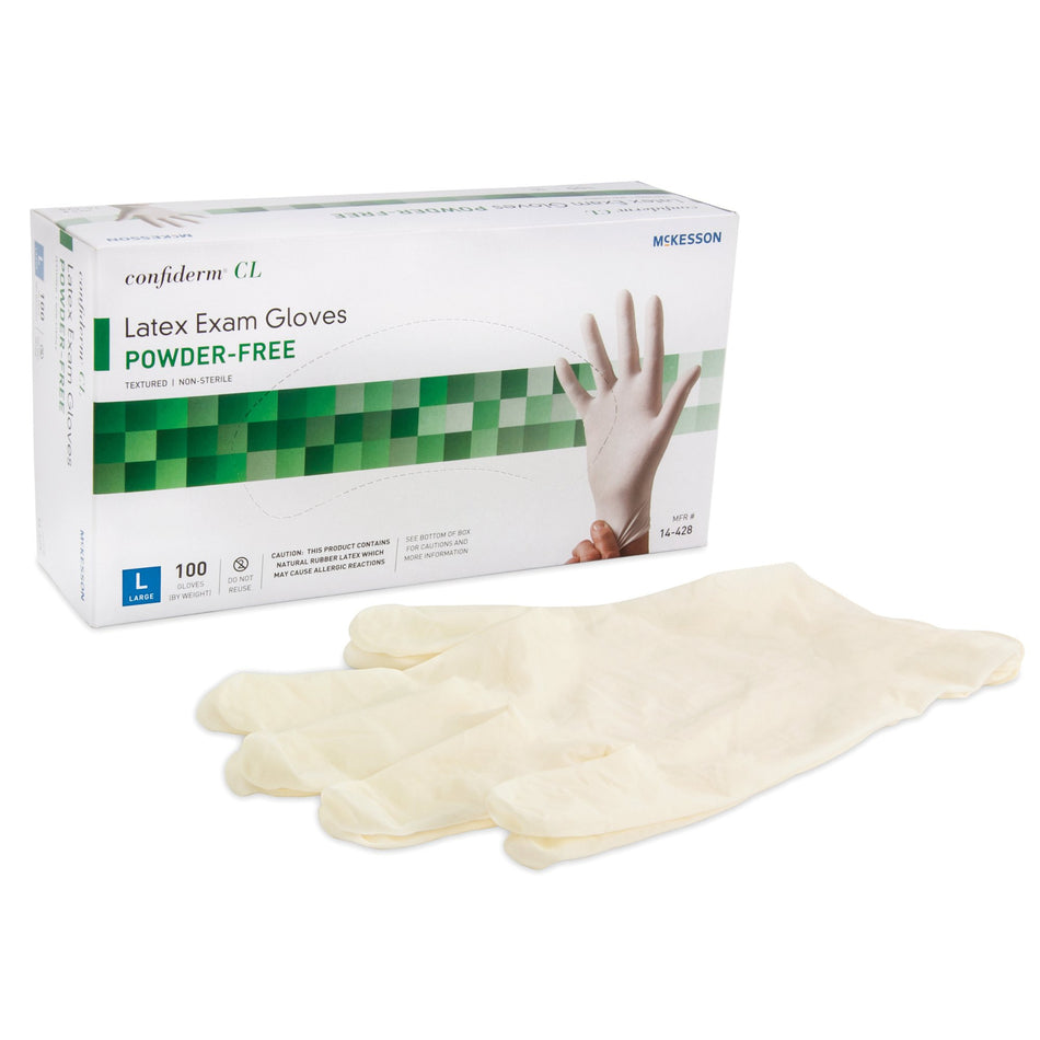 McKesson Confiderm CL Latex Exam Glove, Large, Ivory-Exam Glove McKesson Confiderm Large NonSterile Latex Standard Cuff Length Textured Fingertips Ivory Not Rated