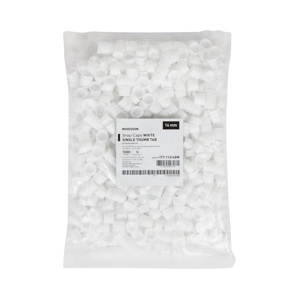 McKesson White Tube Closure, 16 mm-"McKesson Tube Closure Polyethylene Snap Cap White 16 mm For Use with 16 mm Blood Drawing Tubes, Glass Test Tubes, Plastic Culture Tubes NonSterile"