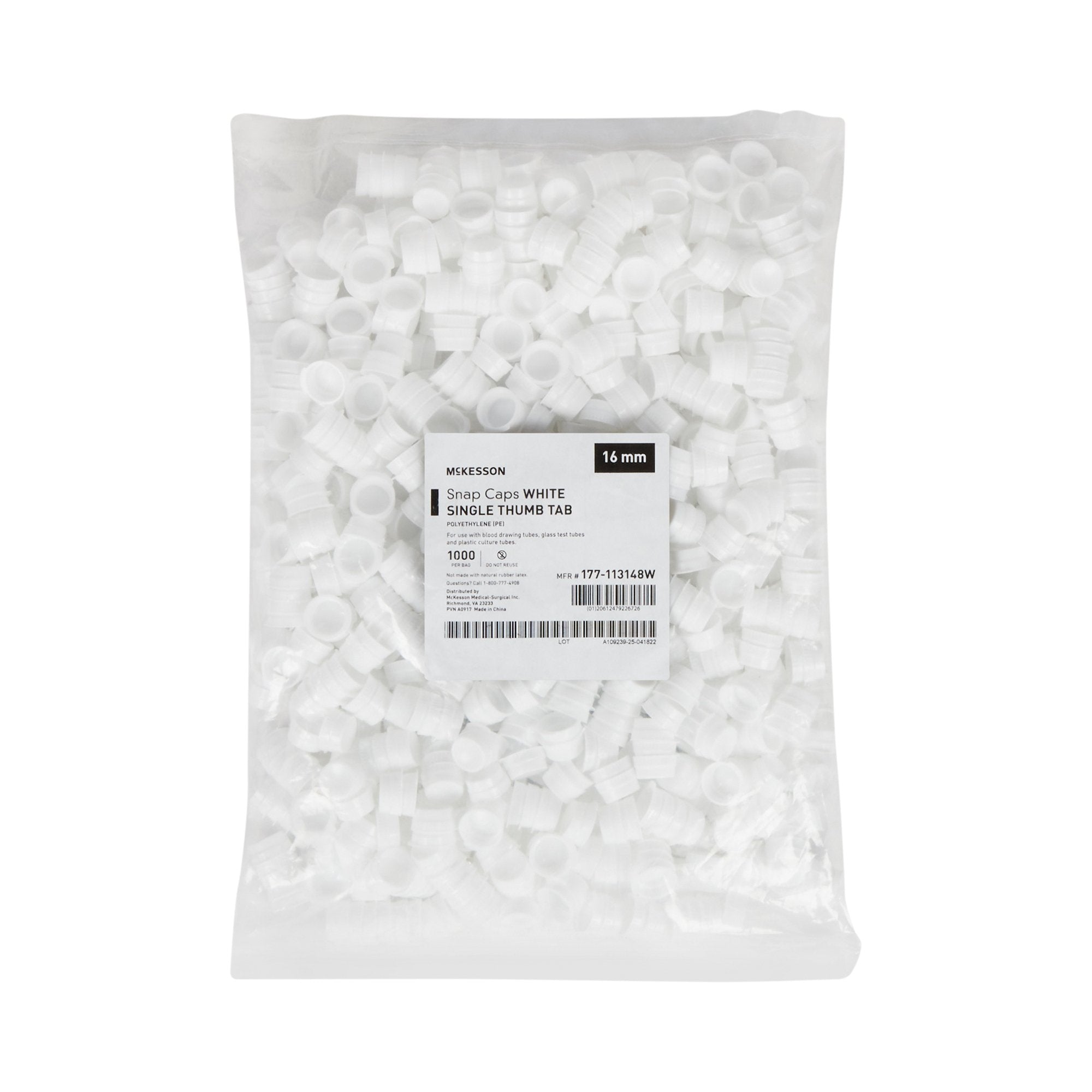 McKesson White Tube Closure, 16 mm-"McKesson Tube Closure Polyethylene Snap Cap White 16 mm For Use with 16 mm Blood Drawing Tubes, Glass Test Tubes, Plastic Culture Tubes NonSterile"