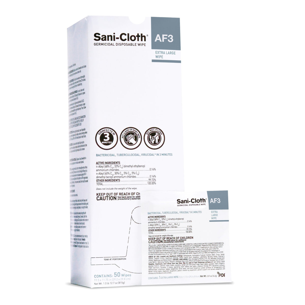 Sani-Cloth AF3 Germicidal Extra Large Disinfectant Wipes, Individual Packet, 50 ct.-Sani-Cloth AF3 Surface Disinfectant Cleaner Premoistened Germicidal Manual Pull Wipe 50 Count Individual Packet Mild Scent NonSterile