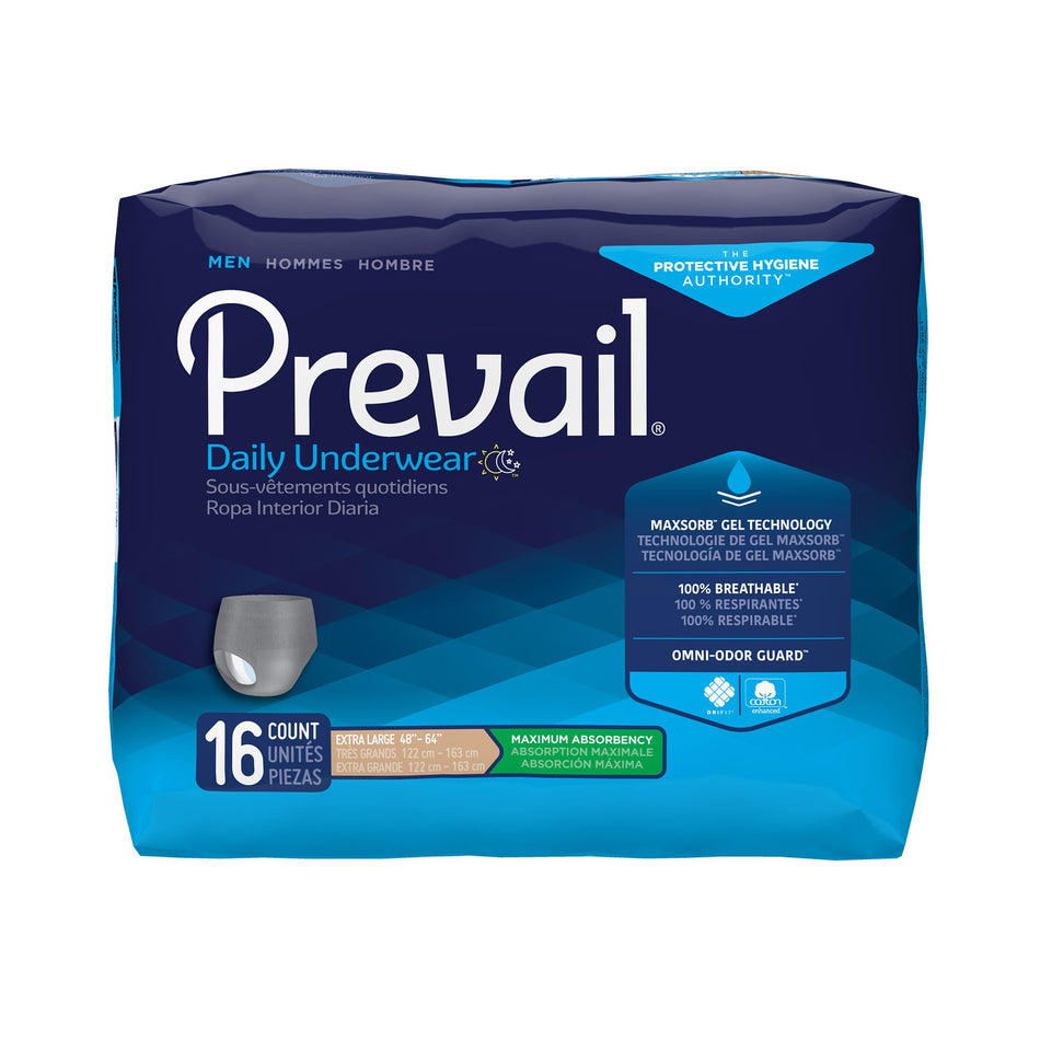 Prevail Daily Underwear Maximum Absorbent Underwear, Extra Large-Male Adult Absorbent Underwear Prevail Daily Underwear Pull On with Tear Away Seams X-Large Disposable Heavy Absorbency