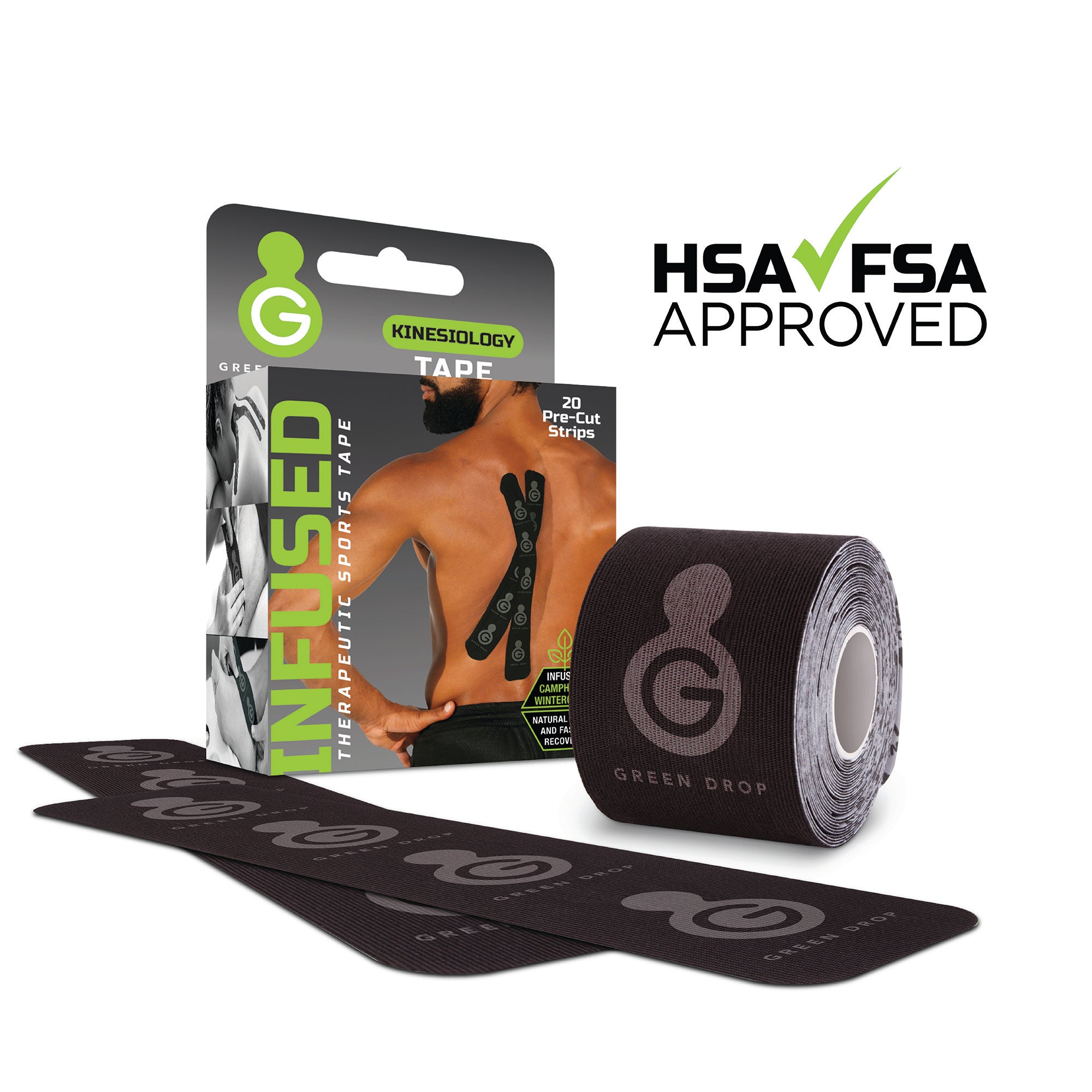 Green Drop Sports Tape, Infused Kinesiology Tape for Recovery 20 Precut, 10-Inch Strips-Kinesiology Tape Green Drop Black 2 X 10 Inch Nylon / Polyester / Spandex NonSterile