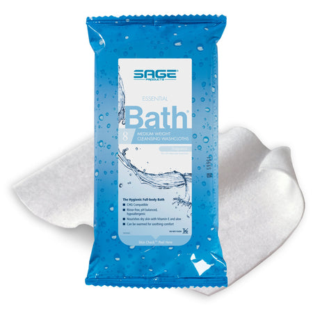 Sage Products Essential Bath Rinse-Free Wipes, Medium Weight, Soft Pack-Rinse-Free Bath Wipe Essential Bath Medium Weight Soft Pack Scented 8 Count