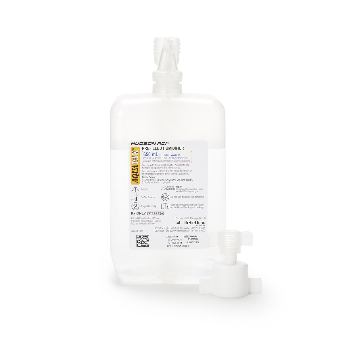 Aquapak Prefilled Bubble Humidifier Kit, 650 mL-Aquapak Humidifier with Adapter 650 mL Sterile Water Adult / Pediatric