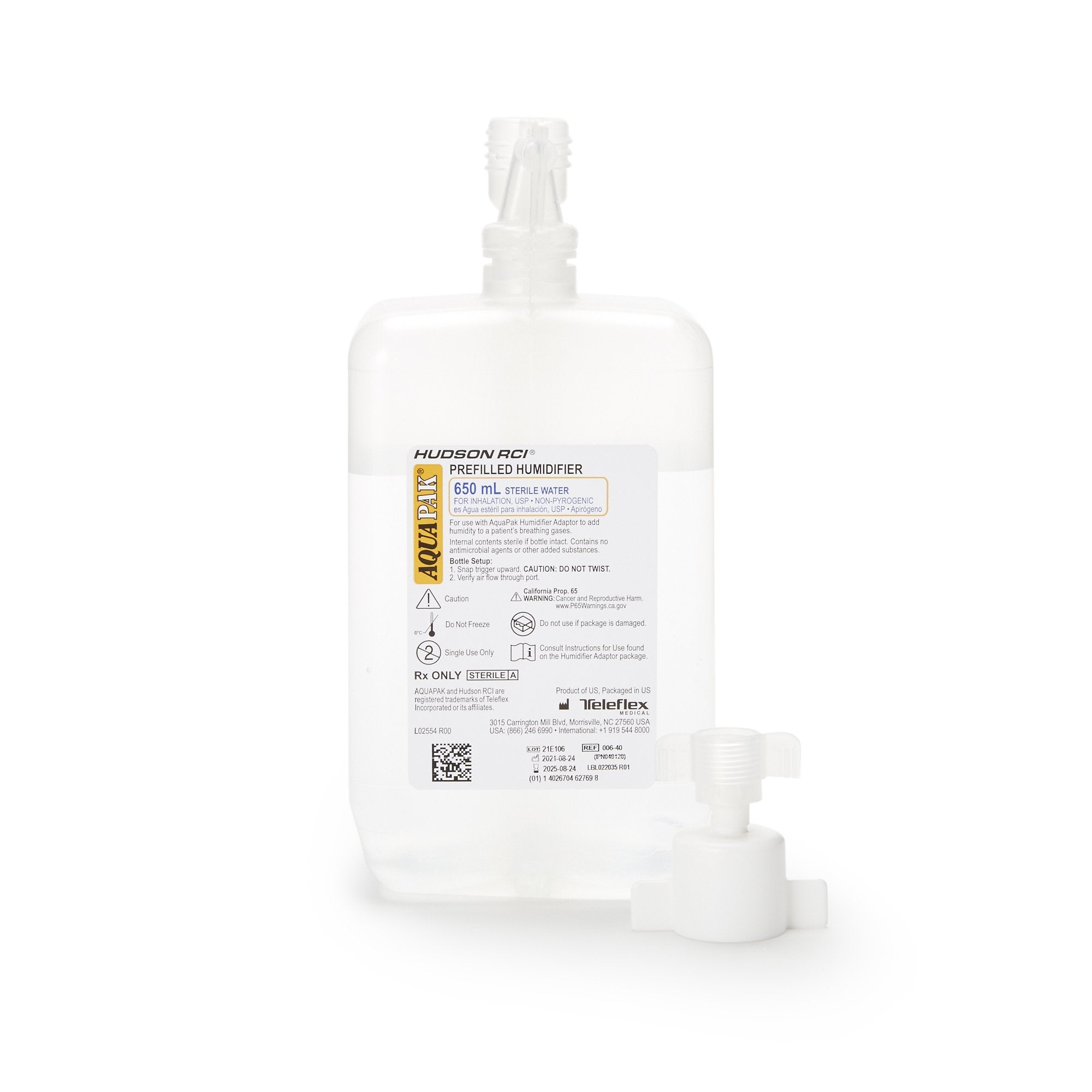 Aquapak Prefilled Bubble Humidifier Kit, 650 mL-Aquapak Humidifier with Adapter 650 mL Sterile Water Adult / Pediatric