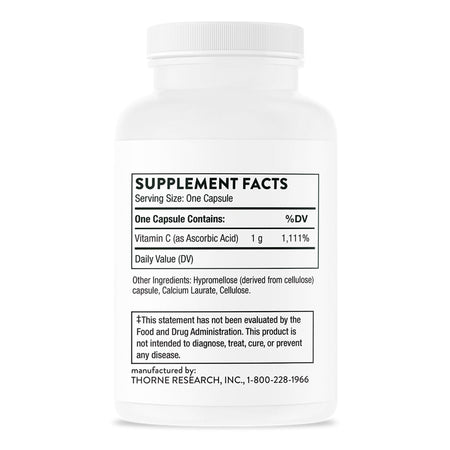 Thorne Ascorbic Acid Vitamin C Dietary Supplement-Vitamin C Supplement THORNE Ascorbic Acid Vitamin C 1 Gram Strength Capsule 60 per Bottle