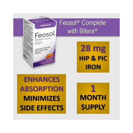 Feosol Bifera HIP and PIC Iron / PIC / HIP Mineral Supplement-Mineral Supplement Feosol Bifera Hip & PIC Iron / PIC / HIP 28 mg - 22 mg - 6 mg Strength Caplet 30 per Bottle